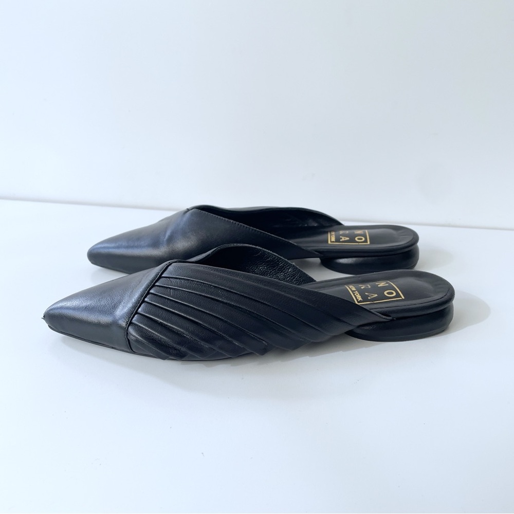 Nora New York Black Leather Pointed Toe Mule Flat Slide Size 37 Pleats Modern